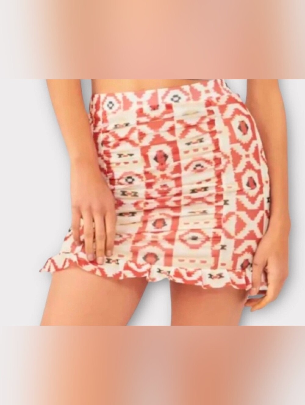FREE PEOPLE Coral Geo Ruffle Hem Mini Skirt